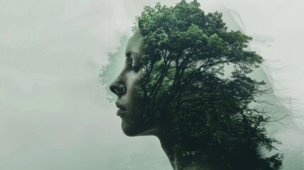 Environmental awareness. Double exposure of woman face and green tree in the forest. Conceptual image. - obrazy, fototapety, plakaty