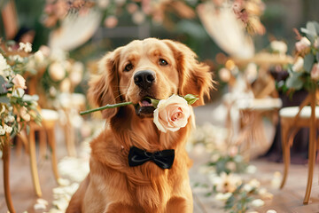 Dog of the Labrador breed with a black bow tie on his neck at a wedding ceremony sits and holds a bouquet of roses in his teeth, light background, natural daylight