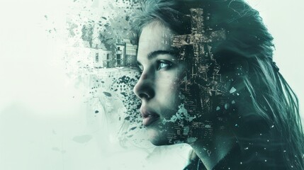 Double exposure portrait of a young woman with urban landscape in the background and cross. Conceptual image.