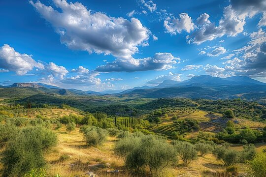 Landscape view of an olive grove in Greece with sunlight