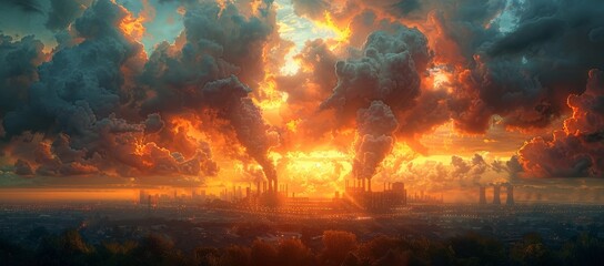 The fiery sunset was obscured by a thick cloud of smoke billowing out of the factory, a reminder of the destructive force of man's impact on nature - obrazy, fototapety, plakaty