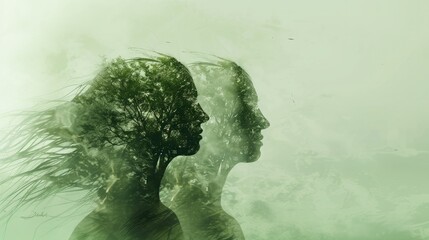 Environmental awareness. Double exposure of two women with trees in the sky.