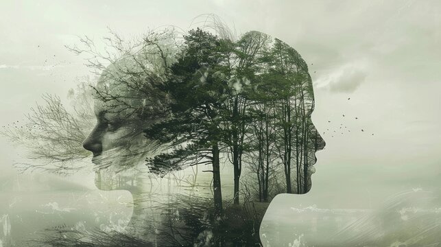 Environmental awareness. Double exposure of human head and nature landscape. Conceptual image.