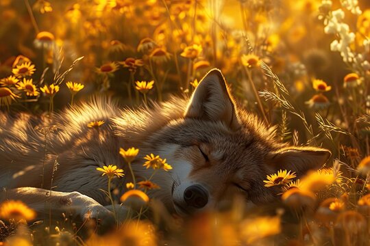 Beautiful wolf or fox peaceful nap in a sun-kissed meadow