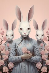 Drawing of young women with a mask in the form of a rabbit holding roses in their hands. Surreal image of woman with hare head for book or story cover