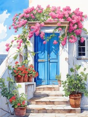 Fototapeta na wymiar A painting depicting a blue door set amidst a vibrant array of blooming flowers, creating a colorful and inviting scene.