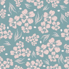 Fototapeta na wymiar Garden flower, plants ,botanical ,seamless pattern vector design for fashion,fabric,wallpaper and all prints on green mint background color. Cute pattern in small flower.