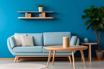 Round wooden  table in dining room and blu  color sofa. home interior design of modern living room