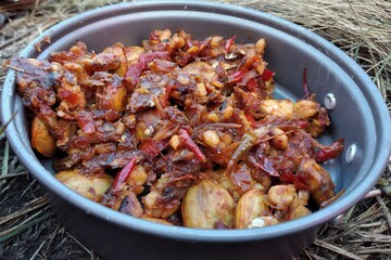closeup of a bowl of chinese food in an outdoor setting