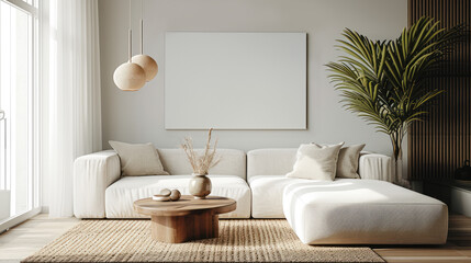 Mockup for wall art, sofa in light beige with plants and lamps