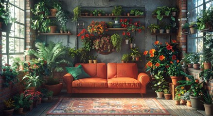 Indoor oasis meets cozy comfort in a living room studio couch adorned with lush houseplants and flowerpots adorning the wall