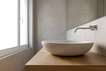 Fototapeta na wymiar Minimalist interior design of modern bathroom stone round sink on rustic wooden counter and black faucet