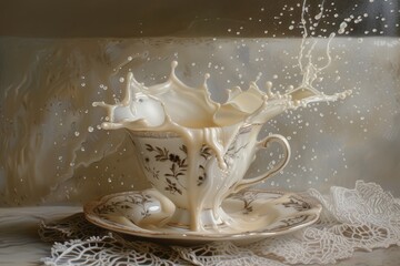 Porcelain teacup on a lace doily in mid overturn, cream pouring out and creating a perfect arc of splash. - obrazy, fototapety, plakaty