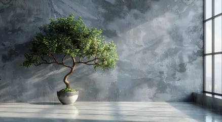 Tuinposter A solitary bonsai stands in a small pot, surrounded by fog and peering through a window at the outdoor world beyond the wall © Larisa AI