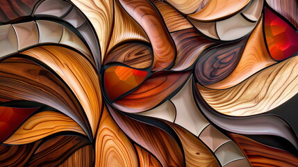 3D Wood with Swirling Red and Brown Tones. A Fusion of Geometric Precision and Organic Flow,...