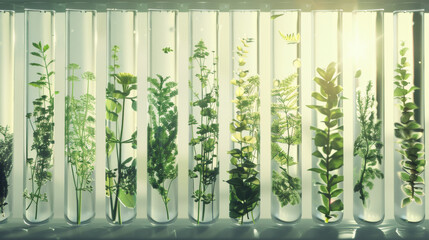 Test tubes with plants bathed in sunlight in a lab.