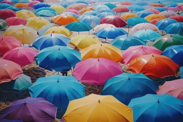 A rainbow of beach umbrellas on a crowded beach.