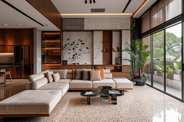 A residential interior design with natural materials terrazzo and Italian marble