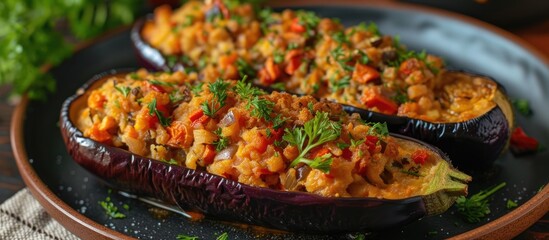 A plate featuring a deliciously stuffed eggplant accompanied by a side of crispy fried vegetables, offering a unique twist on this classic dish.