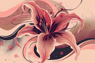 pink flowers blooming on a swirling brown and beige abstract background. Swirling patterns and curves envelop the flowers, a mixture of brown and beige tones