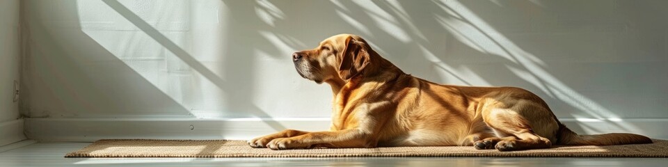 Cute relaxed dog lying on cool mat in hot day , white wall background, summer heat. ai generated
