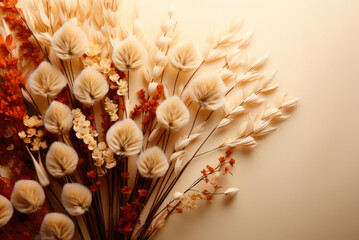 Dry flowers, dried branch on beige background. Flat lay, top view