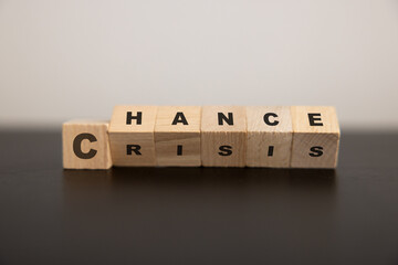 Hand flipping wooden cubes for change wording "Crisis  to "Chance". Mindset is important for human development.
