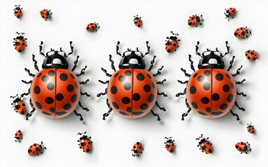 Circle Row of Multicolor Realistic Beautiful Ladybirds. 3d Rendering isolated on white Background