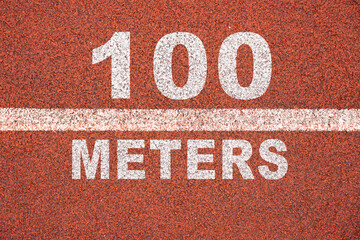 Running track 100 meters concept. Concept for olympic games or reaching business goals. - obrazy, fototapety, plakaty