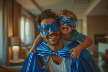 Father carrying his son on his shoulders dressed as a superhero. Father's day.