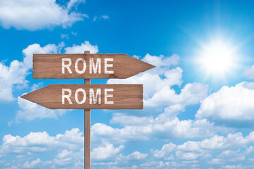 Rome road sign. Welcome to Rome, Italy. Entering Rome. All ways leads to rome concept.