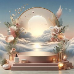 A podium backdrop designed to showcase products against a backdrop of natural beauty, featuring a dreamy sky background in a romantic 3D scene.