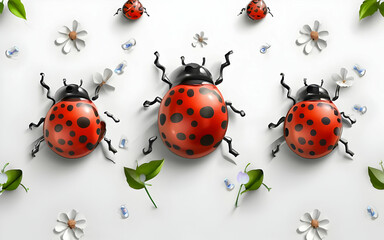 Fototapeta premium Circle Row of Multicolor Realistic Beautiful Ladybirds. 3d Rendering isolated on white Background