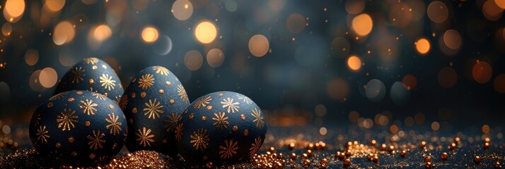 banner with Easter black and gold eggs with patterns on a blurred bokeh background - obrazy, fototapety, plakaty