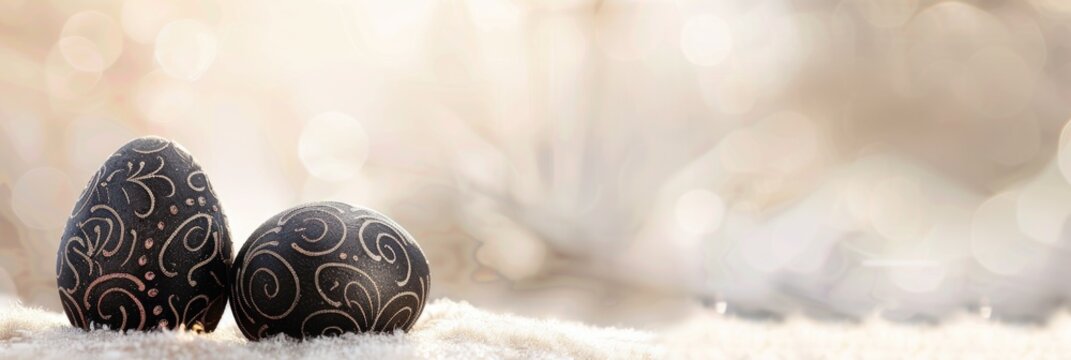 banner with Easter black and gold eggs with patterns on a light blurred background