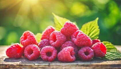 fresh ripe raspberries in the summer garden wide format
