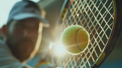 close up action of tennis player athlete hit tennis ball in game with racquet or tennis racket in court during game of tennis match competition in sport tennis stadium