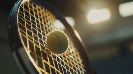 close up action of tennis ball hit the racquet or racket of tennis player during exercise and play tennis game of tennis match tournament, in court of sport club