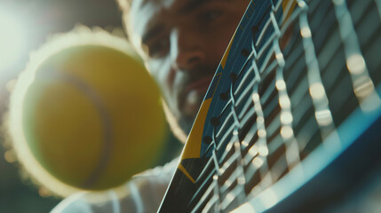 close up action of tennis player athlete hit tennis ball in game with racquet or tennis racket in court during game of tennis match competition in sport tennis stadium - obrazy, fototapety, plakaty