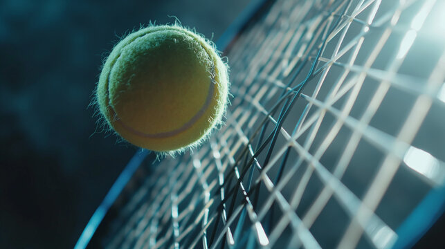 close up action of tennis ball hit the racquet or racket of tennis player during exercise and play tennis game of tennis match tournament, in court of sport club