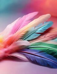 An abstract feather rainbow patchwork background featuring a closeup image of a white fluffy feather immersed in colorful pastel neon foggy mist. The soft focus creates a dreamy and artistic atmospher