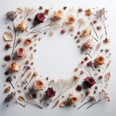 A floral composition featuring a frame made of dried rose flowers, elegantly arranged on a white background. This flat lay, top view design provides ample copy space