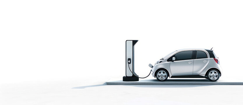 The image features a compact electric car connected to a sleek public charging station in a clean, minimalist environment, with a banner with copy space.
