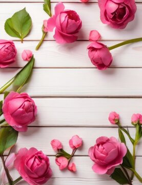 A delightful arrangement of spring flowers, predominantly pink, beautifully displayed on a white wooden background. The composition is presented in a flat lay style with a top view