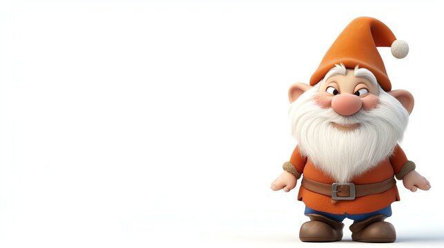 A cute 3D rendering of a garden gnome. The gnome has an orange hat and a long white beard. He is wearing a brown belt and brown shoes.