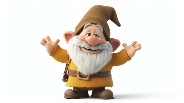 A cute and friendly 3D cartoon dwarf wearing a brown hat and yellow shirt is standing with open arms.