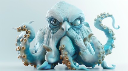 A 3D rendering of a blue octopus with a white beard and angry eyes. The octopus is sitting on a white surface and is looking at the camera.