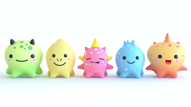 3D rendering of a group of five cute and colorful alien creatures. The creatures have simple, childlike features and are all smiling.