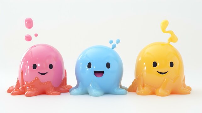 3D rendering of three colorful and shiny cartoon characters. Pink, blue and yellow creatures with smiley faces. Isolated on white background.