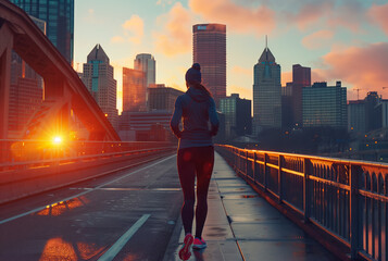 Urban Dawn Runner. Runner facing sunrise on city bridge.